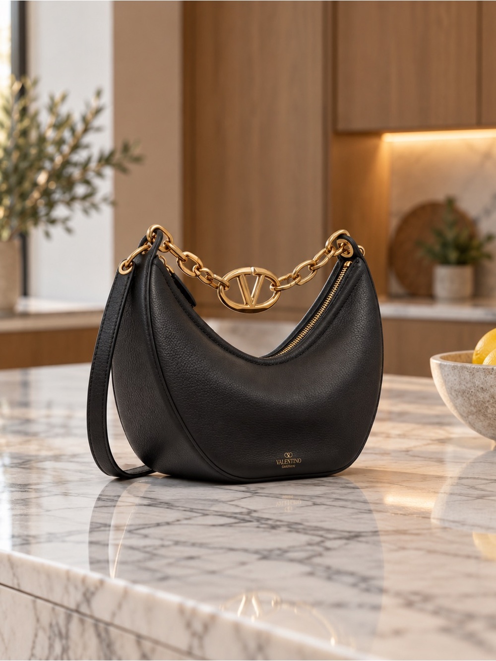Valentino Black Pebbled Leather Hobo with Gold V-Chain